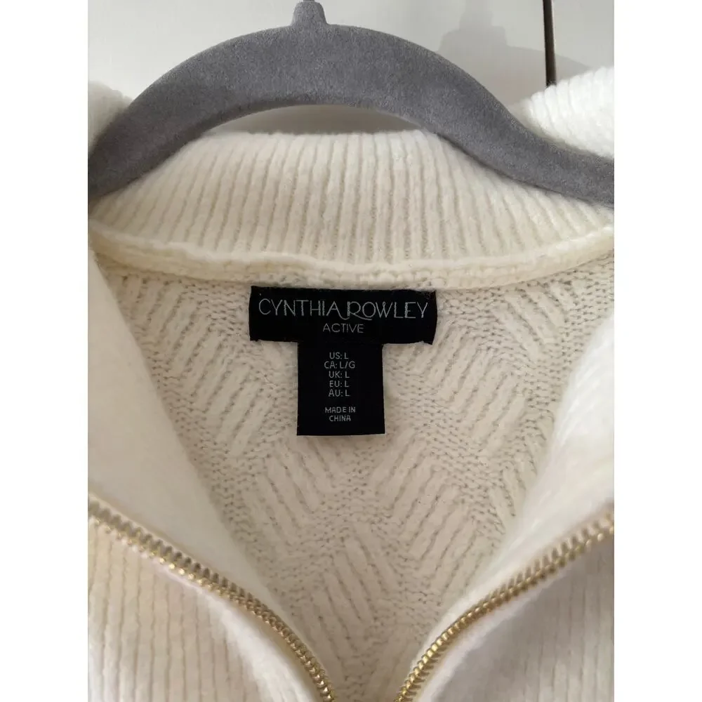 Cynthia Rowley Active White Cable Knit Half Zip Sweater L - Picture 3 of 9
